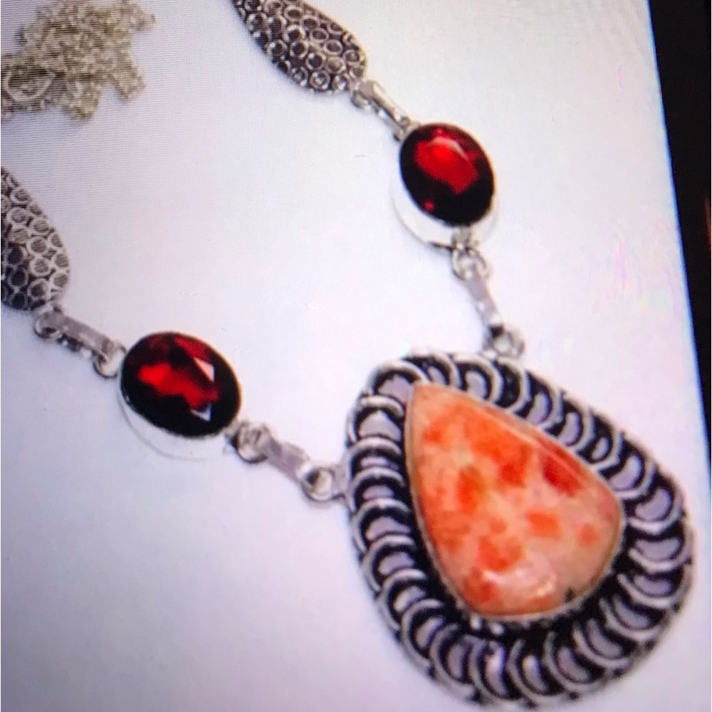 Sunstone Garnet Stamped 925 Sterling Silver Necklace